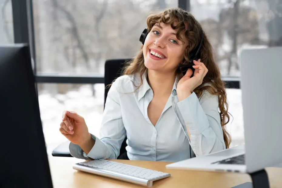 Mulher sorridente com headset trabalhando em atendimento ao cliente em um ambiente de escritório moderno