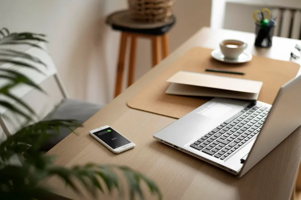 Mesa de trabalho com laptop prateado, caderno, xícara de café e smartphone com alerta de chamada em um ambiente decorado com plantas e objetos minimalistas.