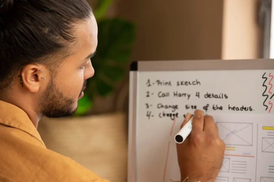 Homem escrevendo uma lista de tarefas em um quadro branco com marcador, incluindo itens como "Print sketch" e "Call Harry for details", em um ambiente com decoração aconchegante.